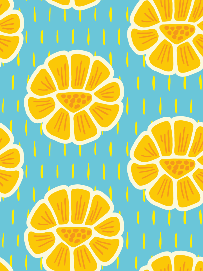 Bold golden-yellow sun-flowers outlined in white on a turquoise ground, dotted with little vertical yellow rain marks.