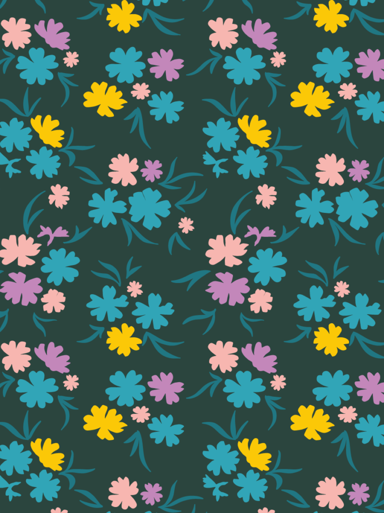 Scattered cosmos-like flowers in turquoise, pink, lavender and bright yellow tossed across a deep forest-green ground.
