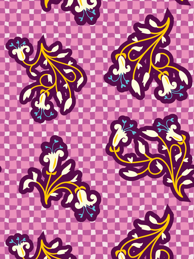 Deep aubergine fleur-de-lis ornaments edged in cream and gold, set on a soft pink wavy checkerboard.