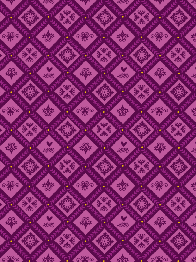 Tone-on-tone damask diamond grid in deep purple and rose with heraldic flourishes, an LM monogram and tiny yellow dots.