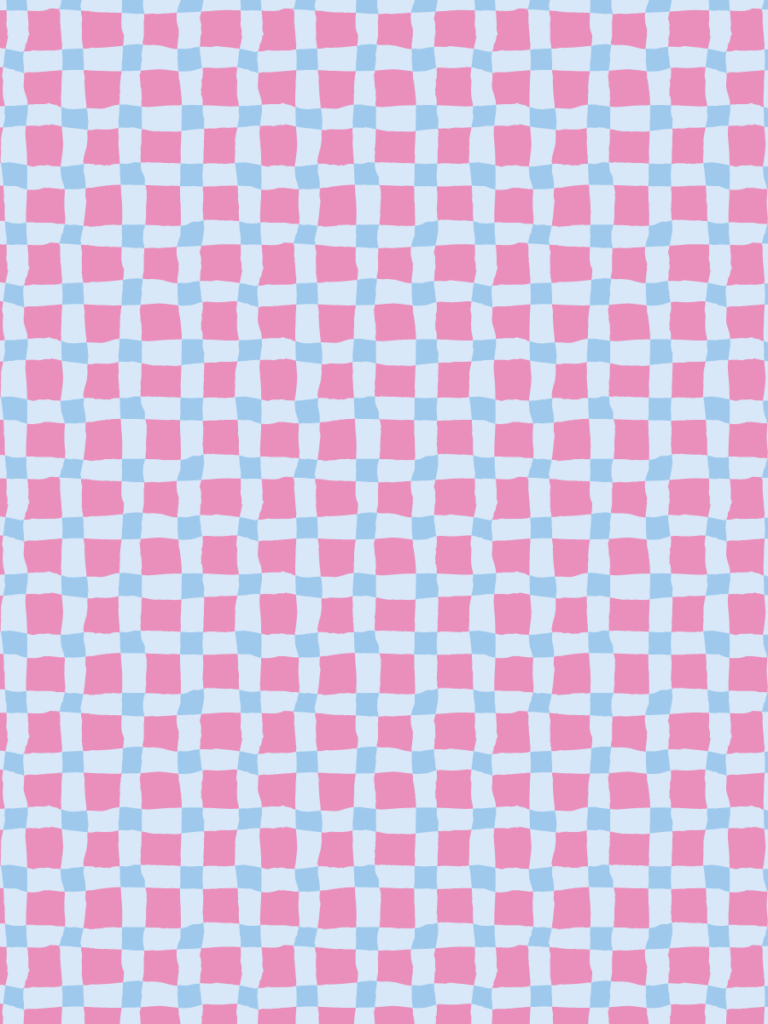 Hand-drawn wavy checkerboard in soft pink and pale sky blue, with painterly wavering edges.