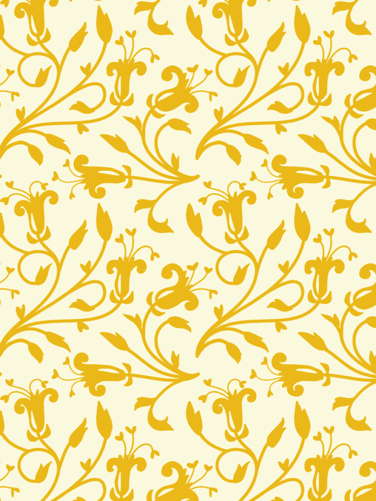Allover scrolling vine of stylised flowers in golden yellow on a soft cream ground.