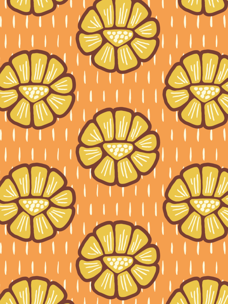 Mustard sun-flowers outlined in brown on a warm orange ground, dotted with cream rain marks.