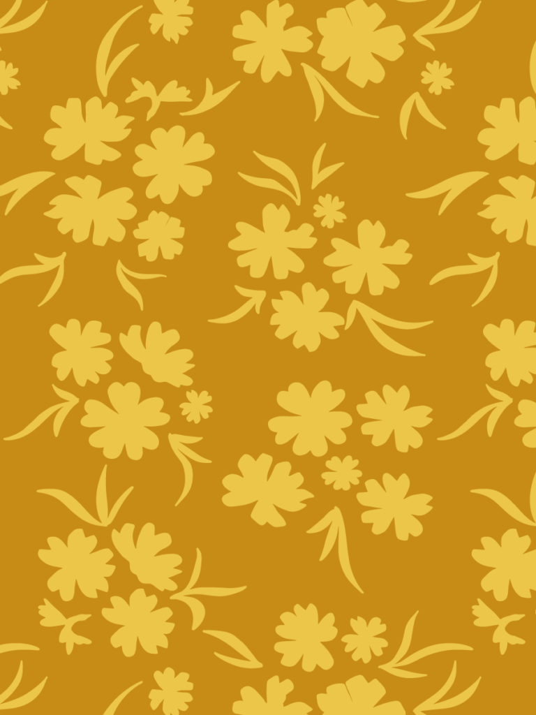 Tone-on-tone scattered cosmos in soft yellow on a warm mustard ground.