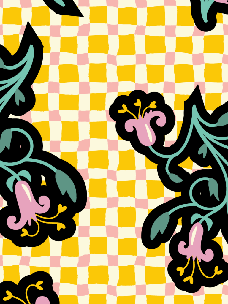 Damask diamond grid in olive and chartreuse with heraldic flourishes and a small LM monogram.