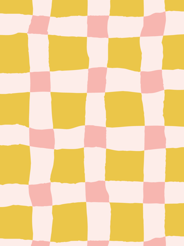 Hand-drawn wavy checkerboard in mustard yellow, cream and soft rose pink.