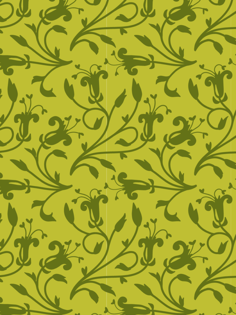 Allover scrolling vine of stylised flowers in olive on a chartreuse-green ground.