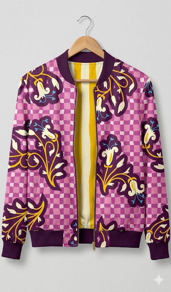 Bomber jacket on a wooden hanger, printed with deep aubergine fleur-de-lis ornaments on a pink checkerboard, lined in contrasting yellow stripes — Limoges revisited collection.