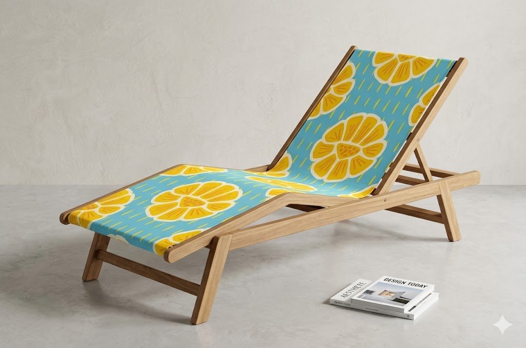 Wooden chaise longue with its fabric sling printed in golden sun-flowers on turquoise from the Limoges revisited collection, photographed against a textured plaster wall.