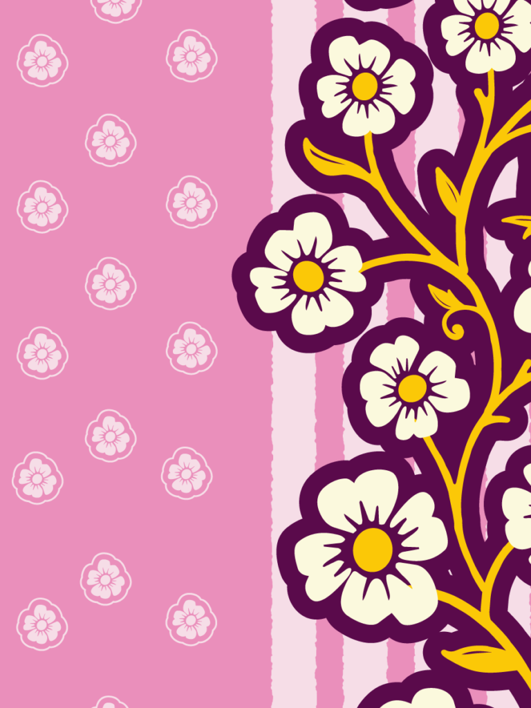 Wallpaper border in pink: small dotted blossoms on the left, a climbing vine of cream daisies edged in plum on the right.