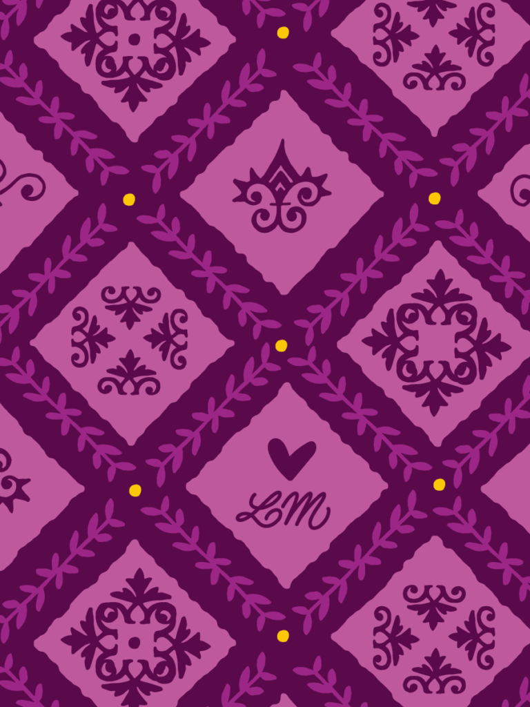 Damask-style diamond grid in deep aubergine and plum, with heraldic flourishes, scattered yellow dots and a small LM monogram.