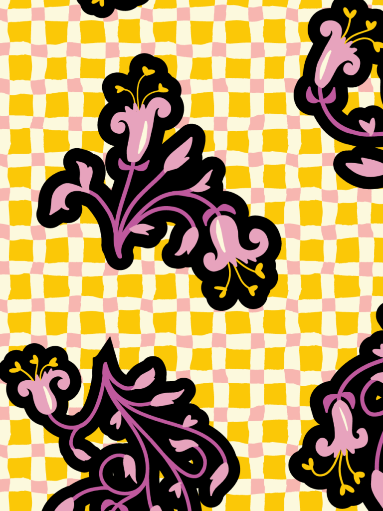 Bold black ornamental flowers with pink filigree, scattered on a wavy yellow-and-pink checkerboard ground.
