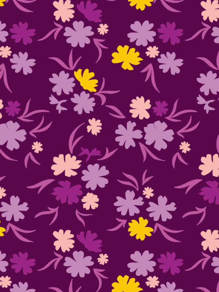 Scattered cosmos-like flowers in pink, lavender and bright yellow tossed across a deep aubergine ground, like a meadow at dusk.