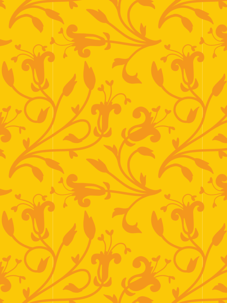 Allover scrolling vine of stylised flowers in coral pink on a sunny mustard ground, in the spirit of a vintage damask.