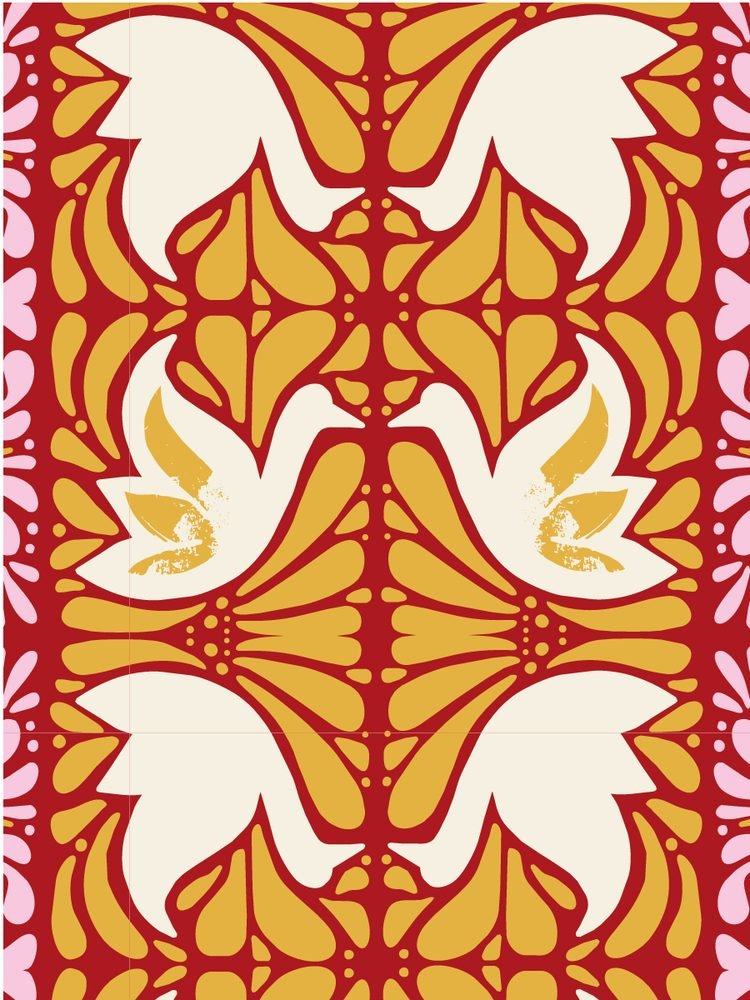 Wisteria pattern in the pop colourway — cream and gold tulip motifs on a deep red ground with pink edges.