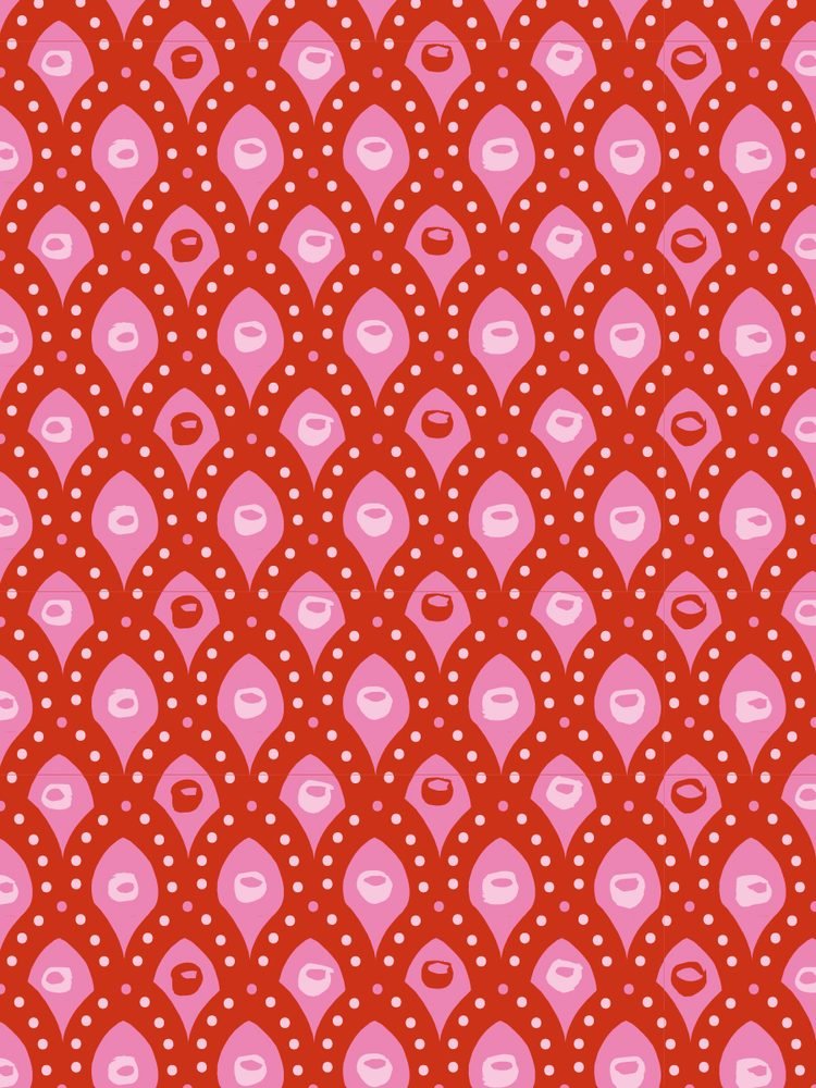 Wisteria peacock-feather pattern in pink on a red ground, dotted with cream.