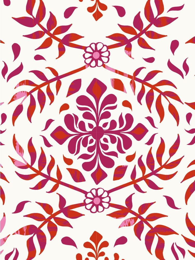 Wisteria damask in magenta and red foliage with floral medallions on a cream ground.